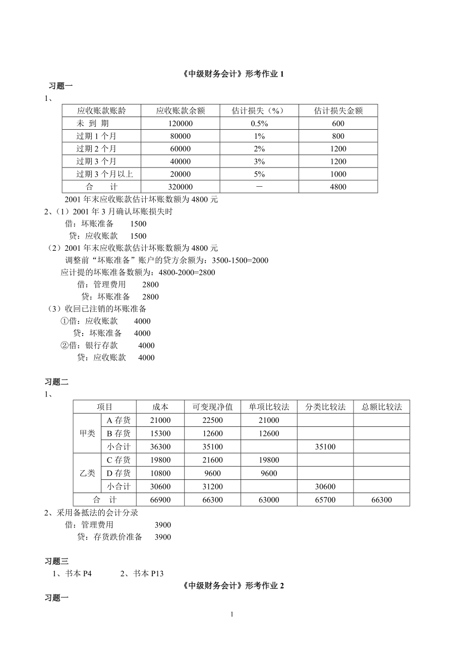 中級(jí)財(cái)務(wù)會(huì)計(jì)形成性考核冊(cè)作業(yè)答案 電大專科形考答案_第1頁