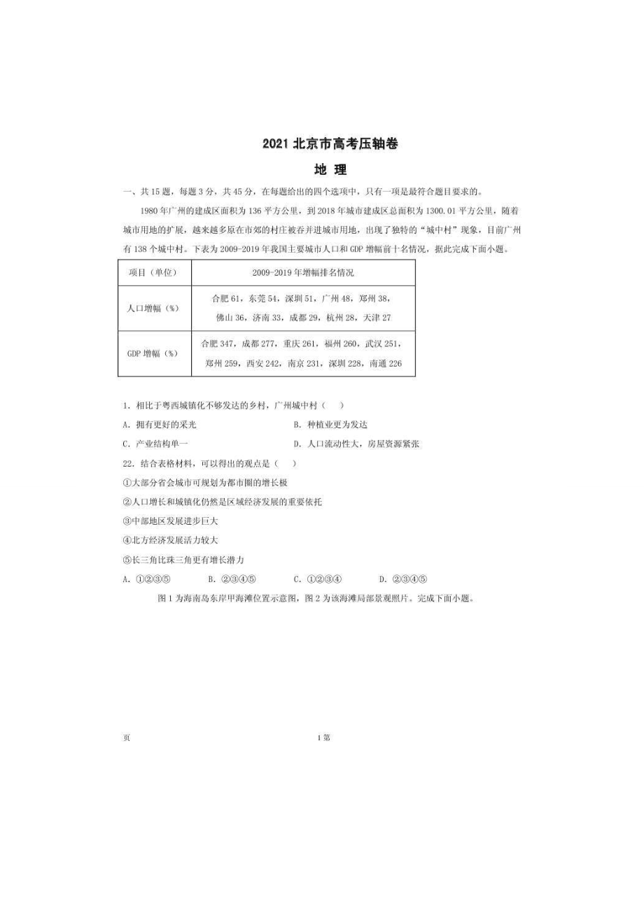 2021北京市高考压轴卷地理含答案_第1页