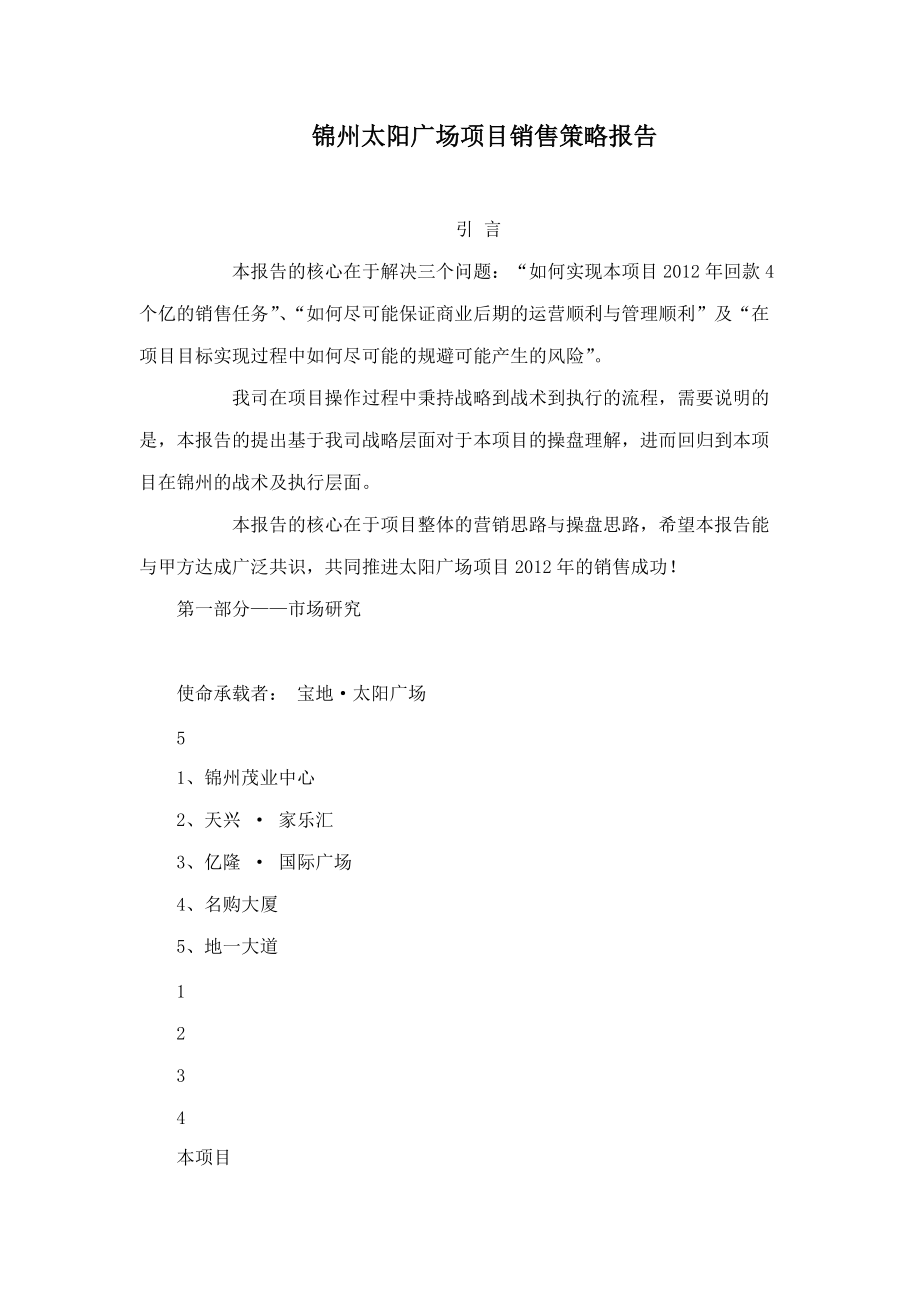 锦州太阳广场项目销售策略报告_第1页