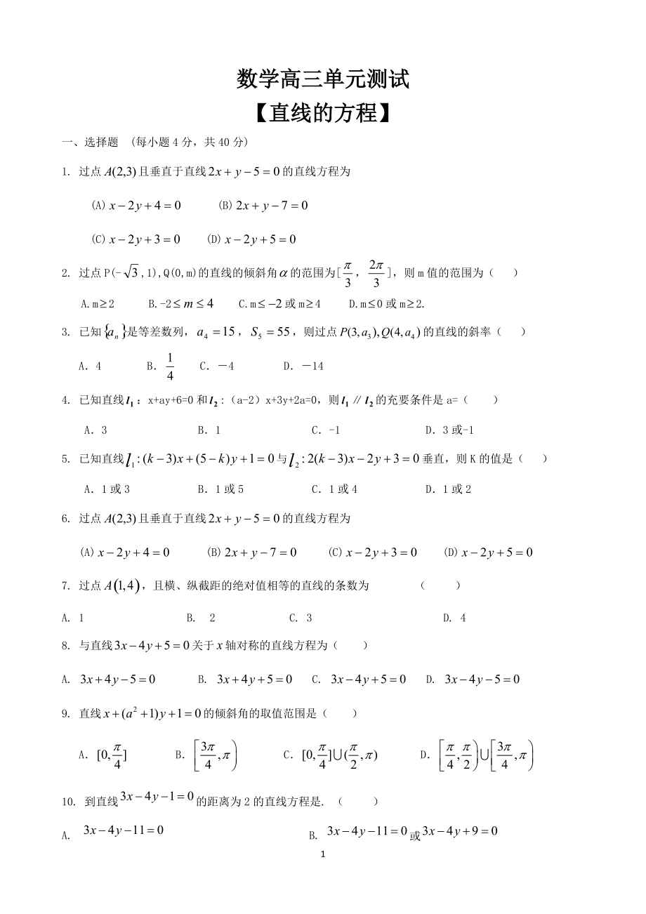 内蒙古新人教A版数学(文科)高三单元测试15【直线的方程_第1页