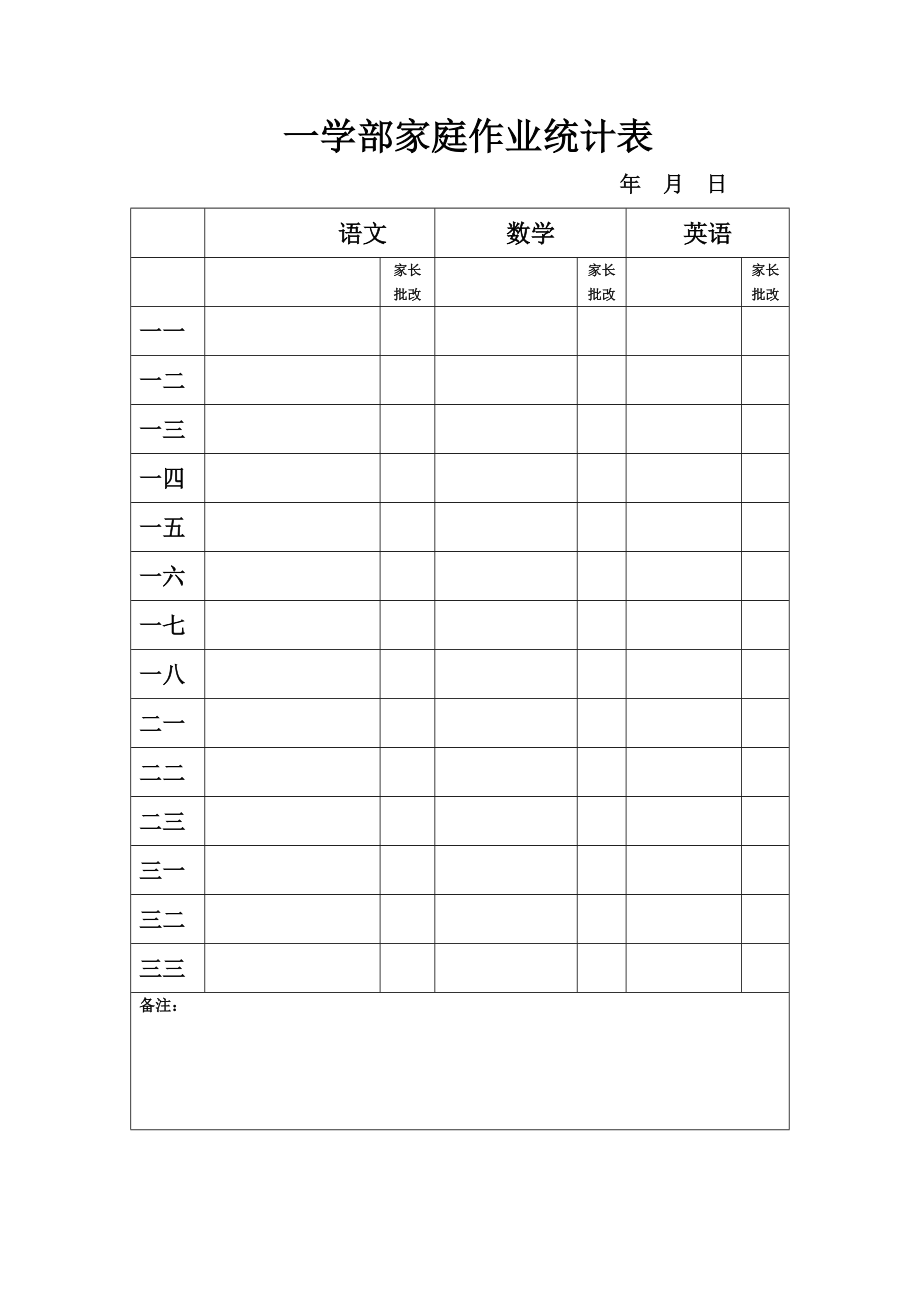 一学部家庭作业统计表