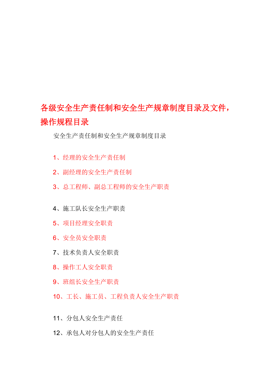 各级安全生产责任制和安全生产规章制度目录及文件_第1页