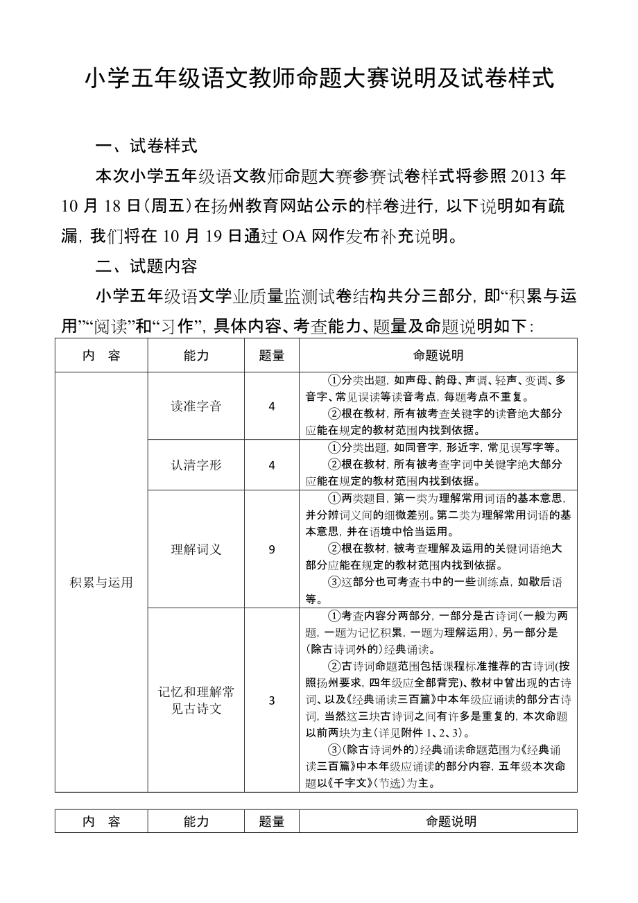 小学五年级语文教师命题大赛说明及试卷样式_第1页