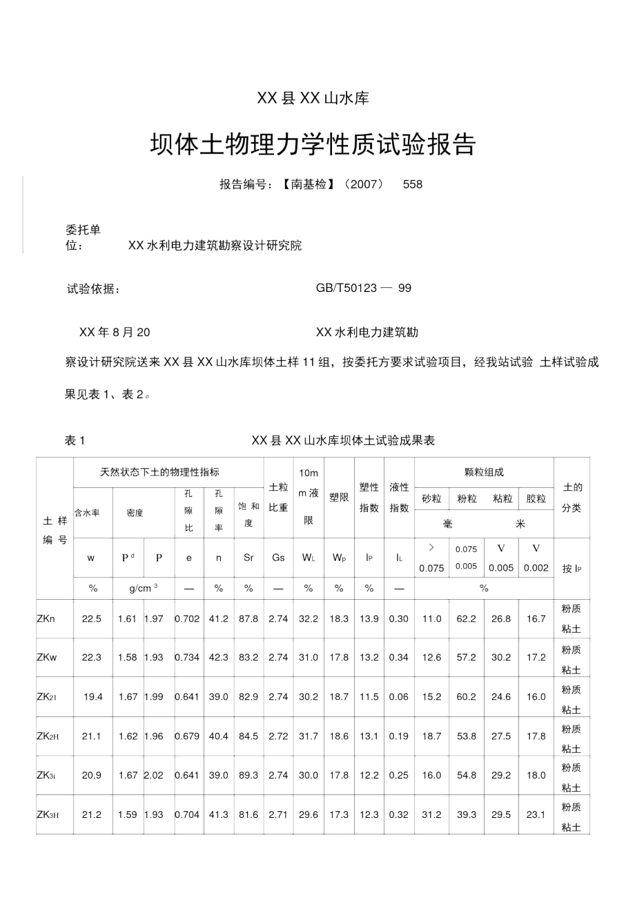 xx山水库坝体土报告_第1页