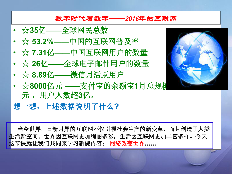 八年级道德与法治上册 第一单元 走进社会生活 第二课 网络生活新空间 第一框 网络改变世界课件 新人教版_第1页