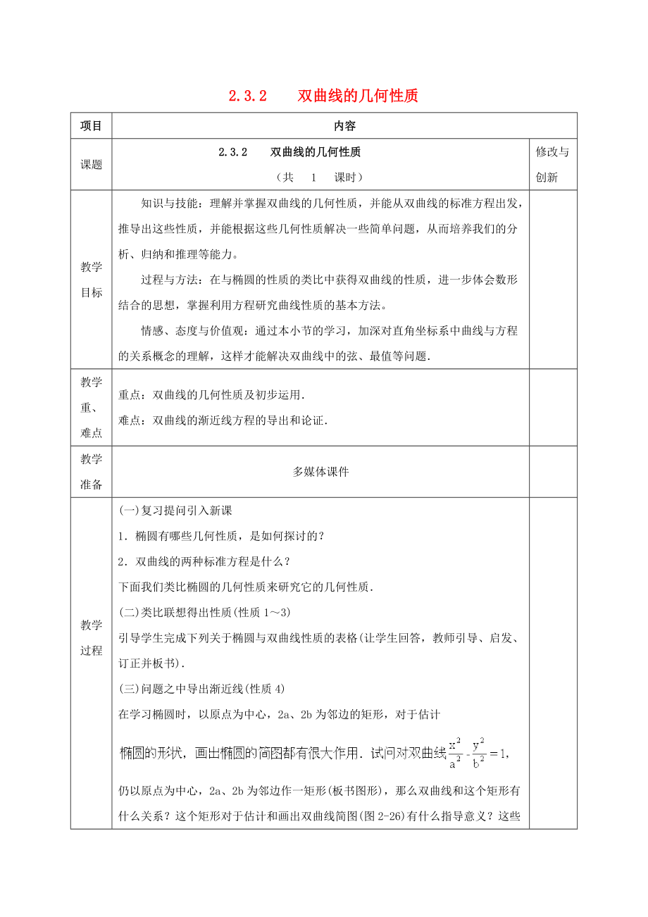 安徽省長豐縣高中數(shù)學(xué) 第二章 圓錐曲線與方程 2.3.2 雙曲線的簡單幾何性質(zhì)教案 新人教A版選修11_第1頁