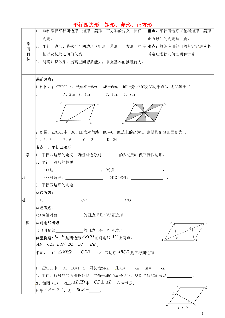 陜西省山陽縣色河鋪鎮(zhèn)八年級數(shù)學(xué)下冊18平行四邊形矩形菱形正方形復(fù)習(xí)導(dǎo)學(xué)案無答案新版新人教版0_第1頁