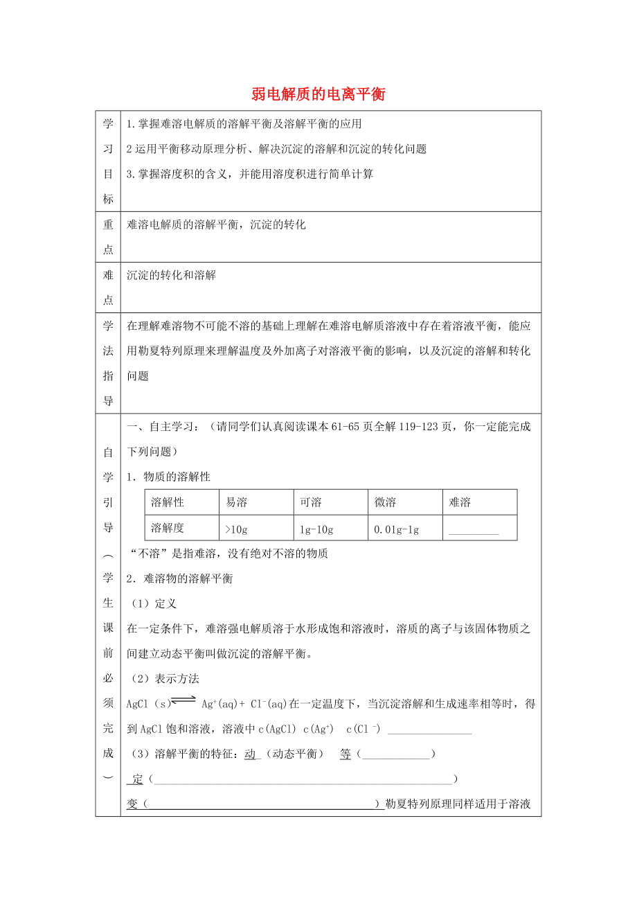 辽宁省抚顺市高中化学 第三章 水溶液中的离子平衡 3.1 弱电解质的电离平衡导学案无答案新人教版选修4_第1页