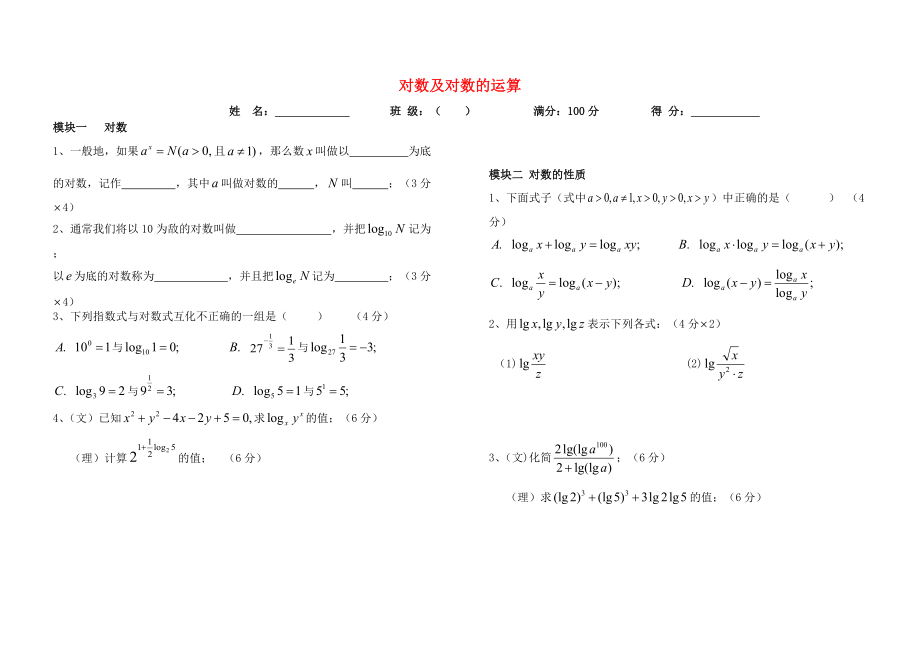 安徽省池州市高中數(shù)學(xué) 第二章 基本初等函數(shù)Ⅰ2.2 對(duì)數(shù)函數(shù) 對(duì)數(shù)及對(duì)數(shù)的運(yùn)算訓(xùn)練卷無(wú)答案新人教A版必修1_第1頁(yè)