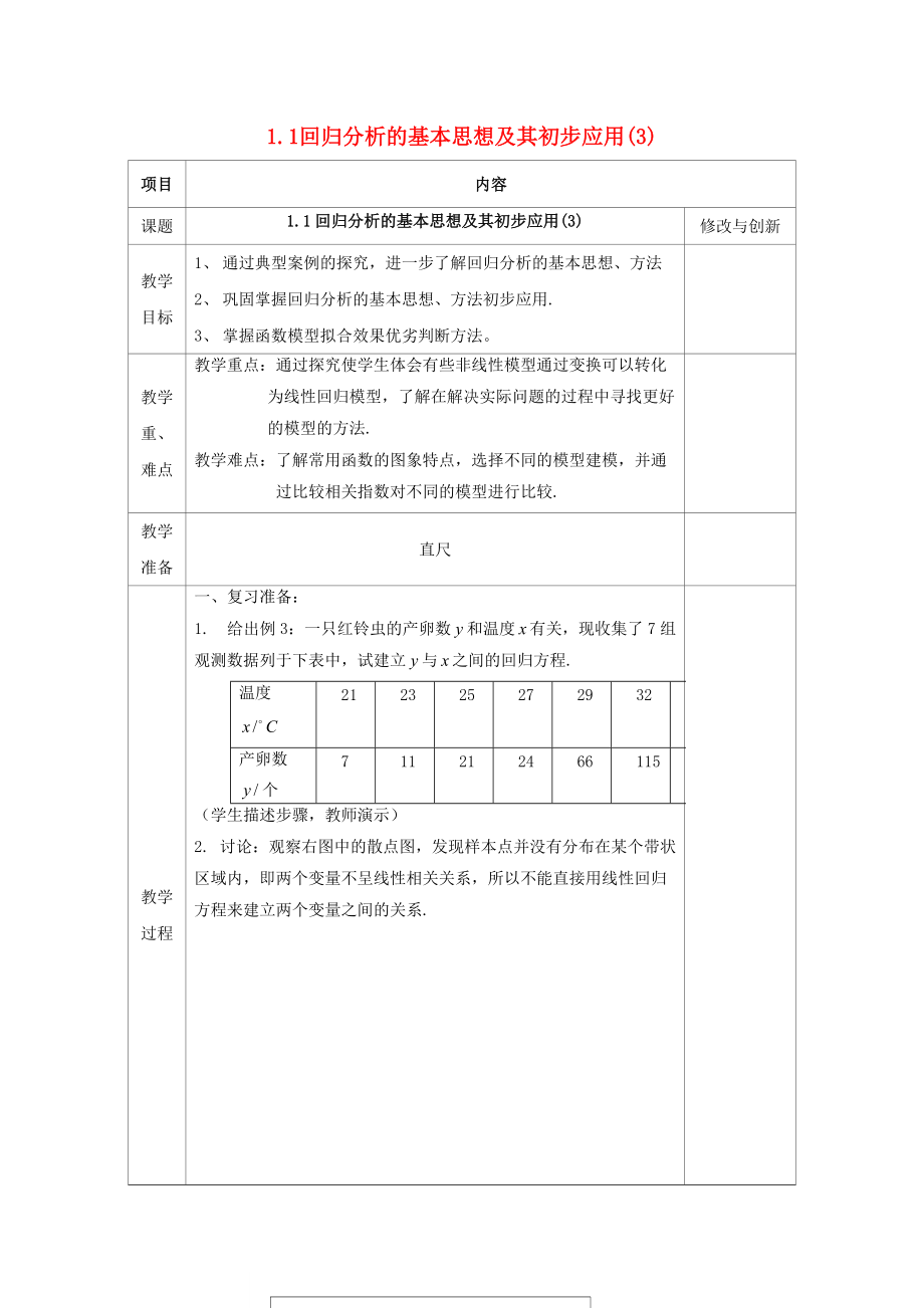 安徽省長豐縣高中數(shù)學(xué) 第一章 統(tǒng)計案例 1.1 回歸分析的基本思想及其初步應(yīng)用3教案 新人教A版選修12_第1頁