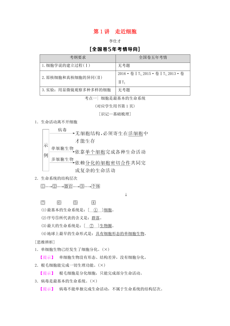 山東省高考生物 第1單元 細(xì)胞及其分子組成1走近細(xì)胞導(dǎo)學(xué)案含解析新人教版必修1_第1頁