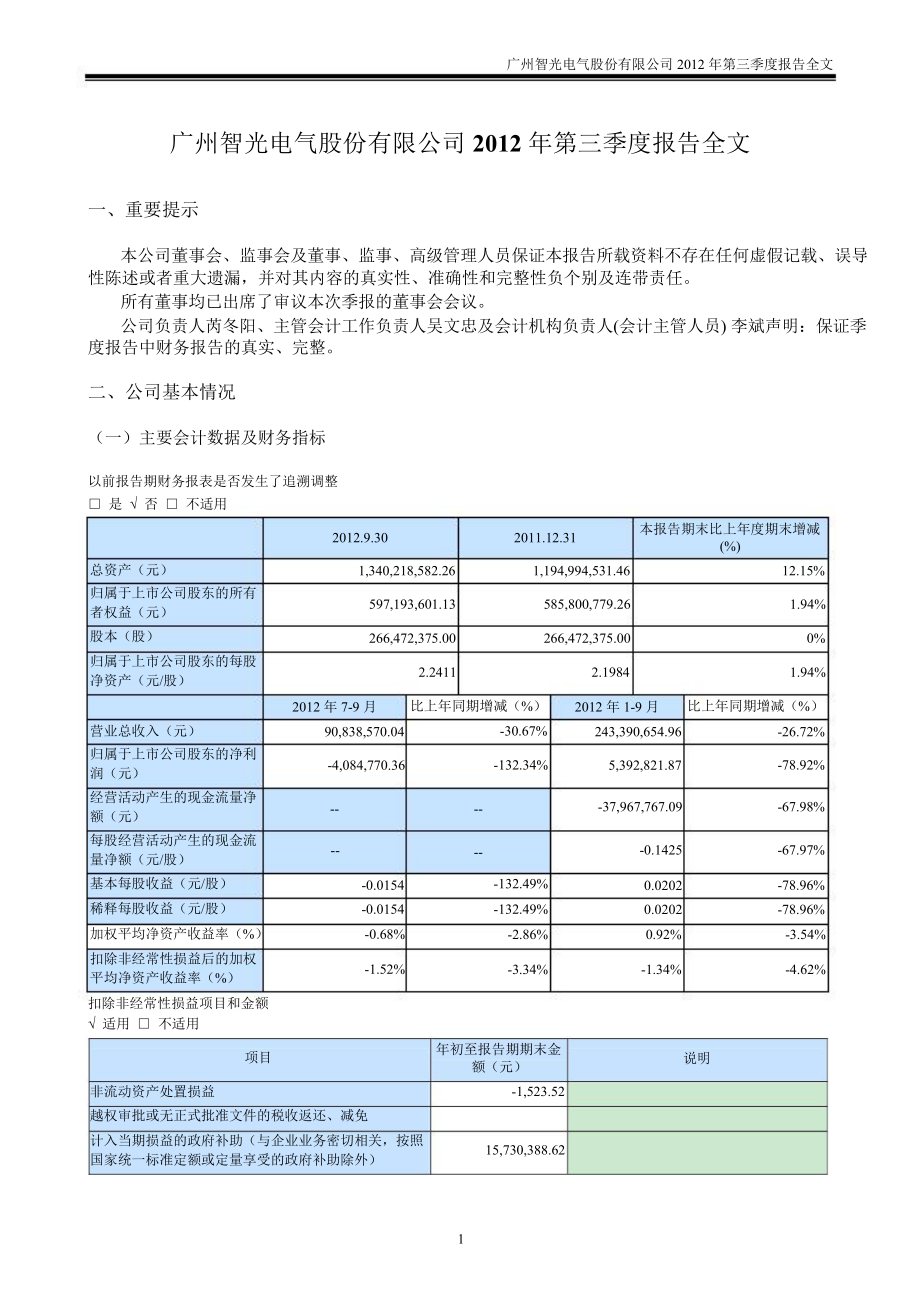 智光电气：第三季度报告全文_第1页