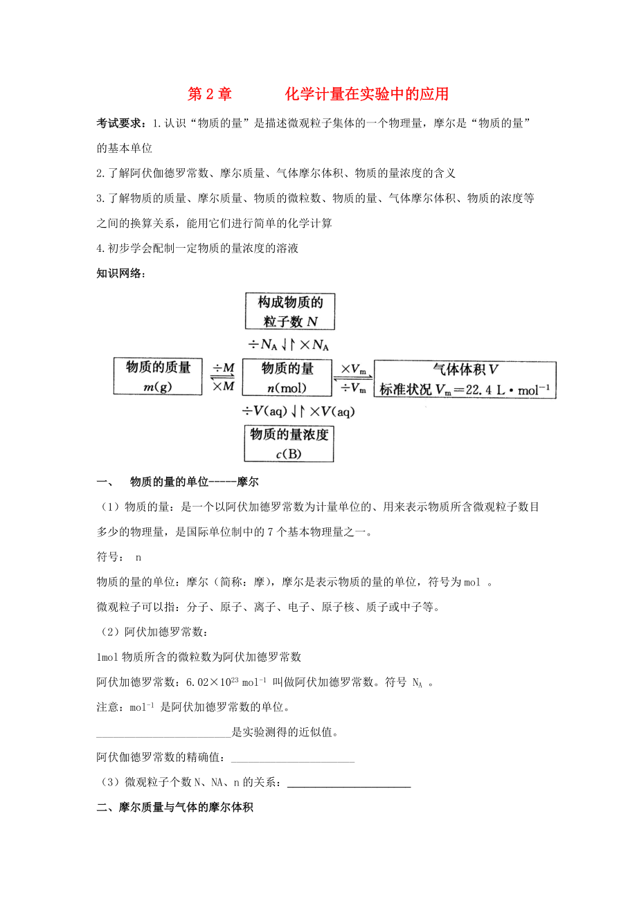 遼寧省撫順市高中化學(xué) 學(xué)業(yè)水平會考知識點整理校本材料 專題2 化學(xué)計量在實驗中的應(yīng)用學(xué)案 新人教版_第1頁