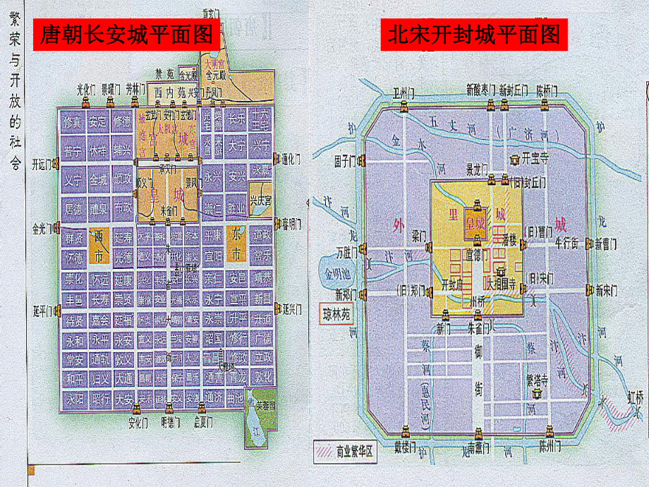 季版七年級(jí)歷史下冊(cè) 第10課 宋元時(shí)期的都市生活與文化 課堂討論：長(zhǎng)安城與汴京城的比較素材 中華書局版_第1頁(yè)