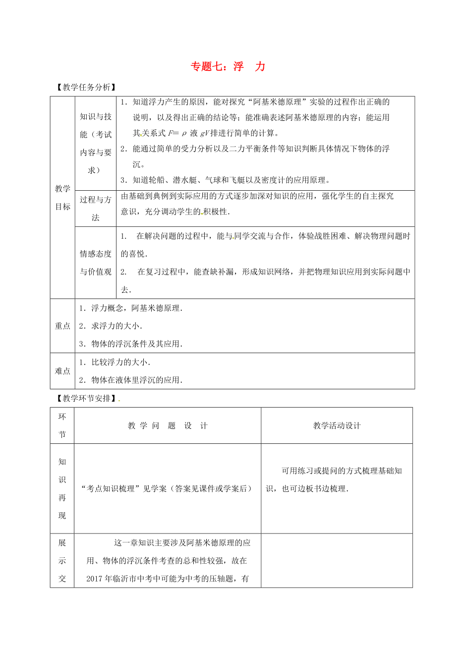 山東省郯城縣中考物理 專題七 浮力復習教案_第1頁