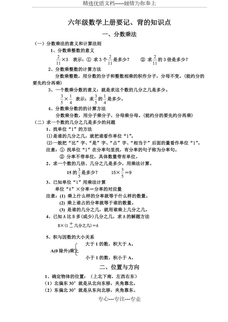 人教版六年级数学上册要记、背的知识点(共8页)_第1页