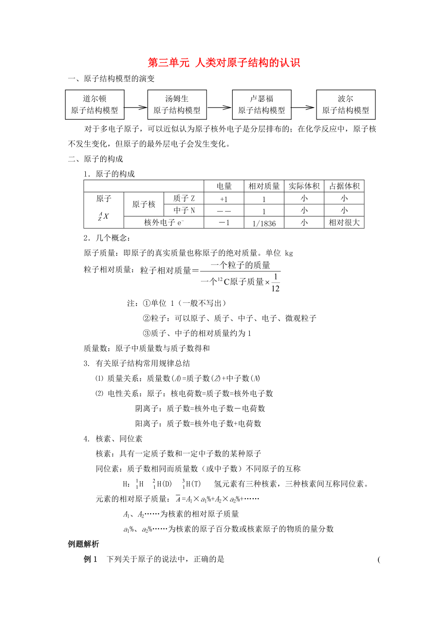 高中化學(xué) 專題1 化學(xué)家眼中的物質(zhì)世界 第三單元 人類對原子結(jié)構(gòu)的認(rèn)識 1.3 人類對原子結(jié)構(gòu)的認(rèn)識教學(xué)案 蘇教版必修1_第1頁