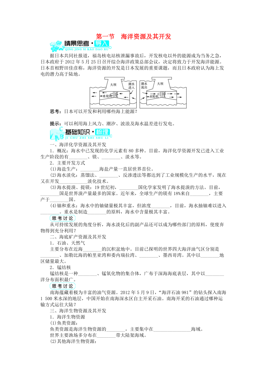 高中地理 第二章 海岸與海底地形 第一節(jié) 海洋資源及其開發(fā)學(xué)案 中圖版選修2_第1頁