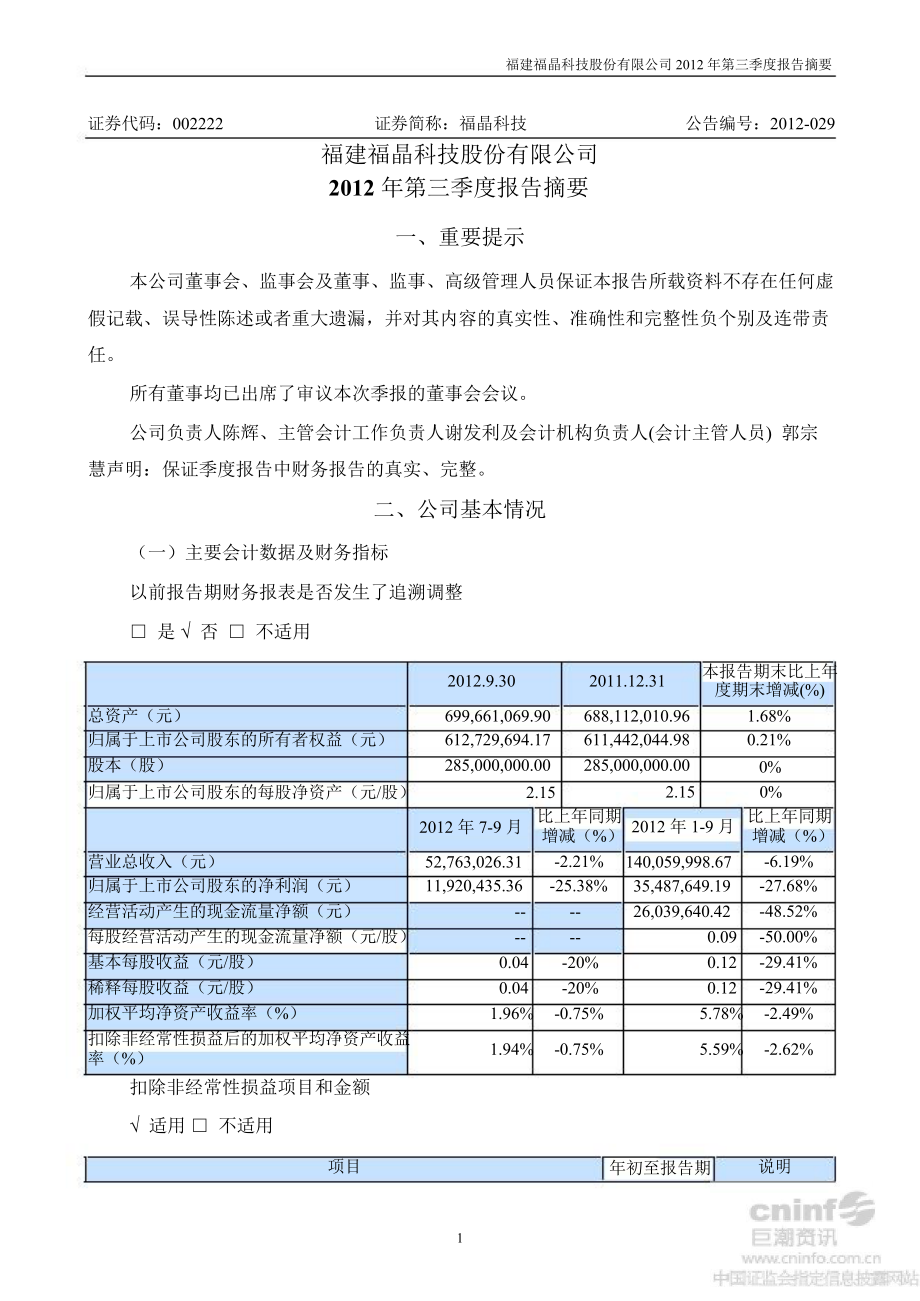 福晶科技：第三季度报告正文_第1页