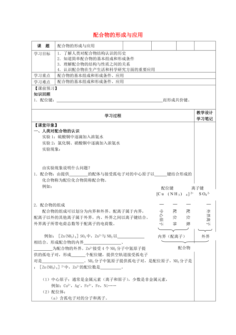 高中化學(xué) 專題4 分子空間結(jié)構(gòu)與物質(zhì)性質(zhì) 4.2 配合物的形成與應(yīng)用導(dǎo)學(xué)案無答案蘇教版選修3_第1頁