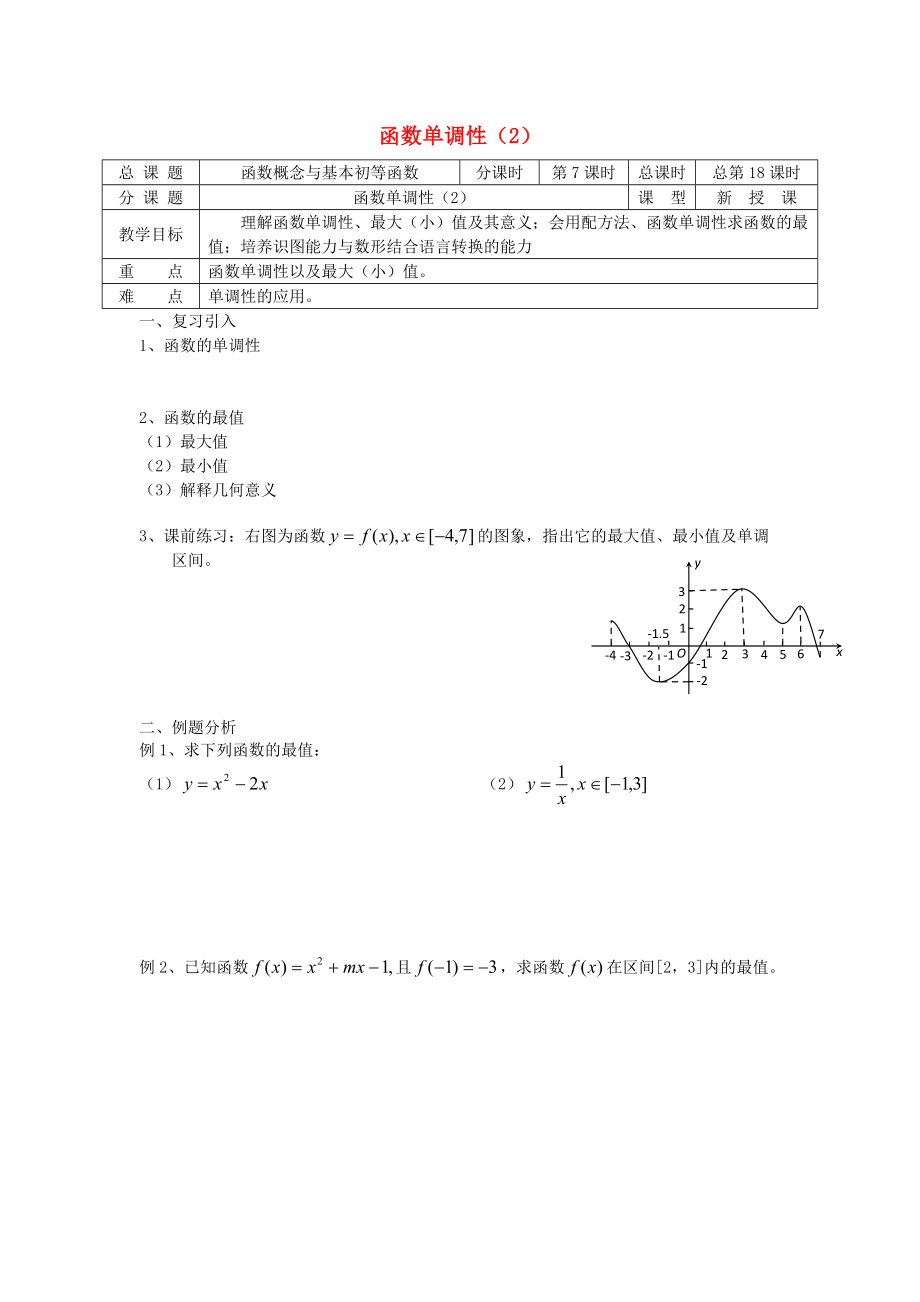 高中數(shù)學(xué) 初高中銜接教材 第18課時 函數(shù)單調(diào)性Ⅱ?qū)W案無答案蘇教版_第1頁