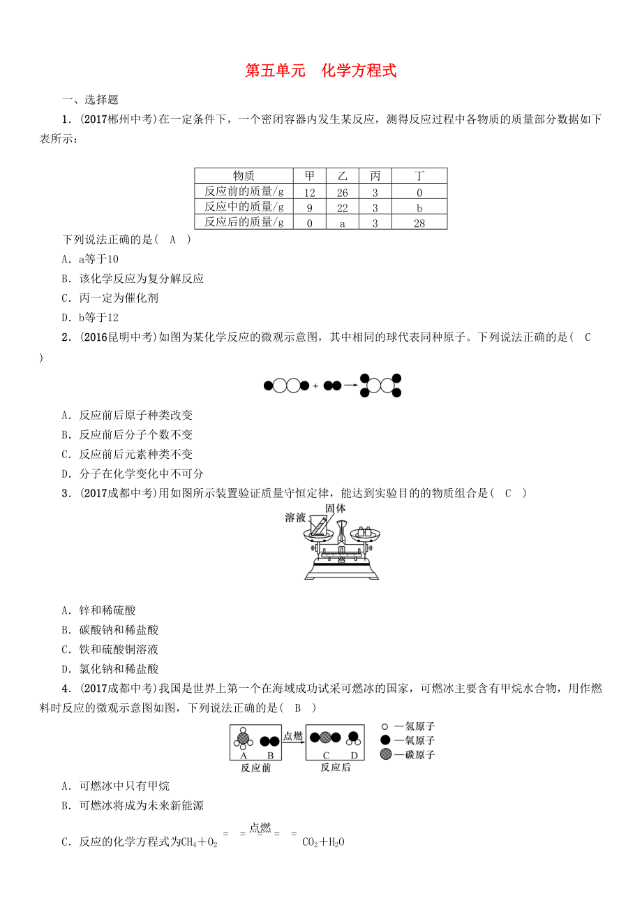 云南專版中考化學(xué)總復(fù)習(xí) 第一編 第5單元 化學(xué)方程式精練練習(xí)_第1頁