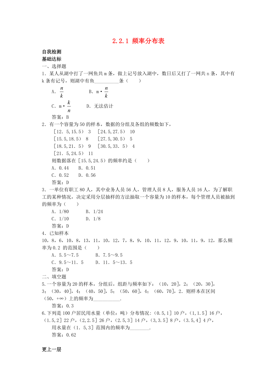 高中數(shù)學(xué) 第2章 統(tǒng)計 2.2 總體分布的估計 2.2.1 頻率分布表自我檢測 蘇教版必修3_第1頁