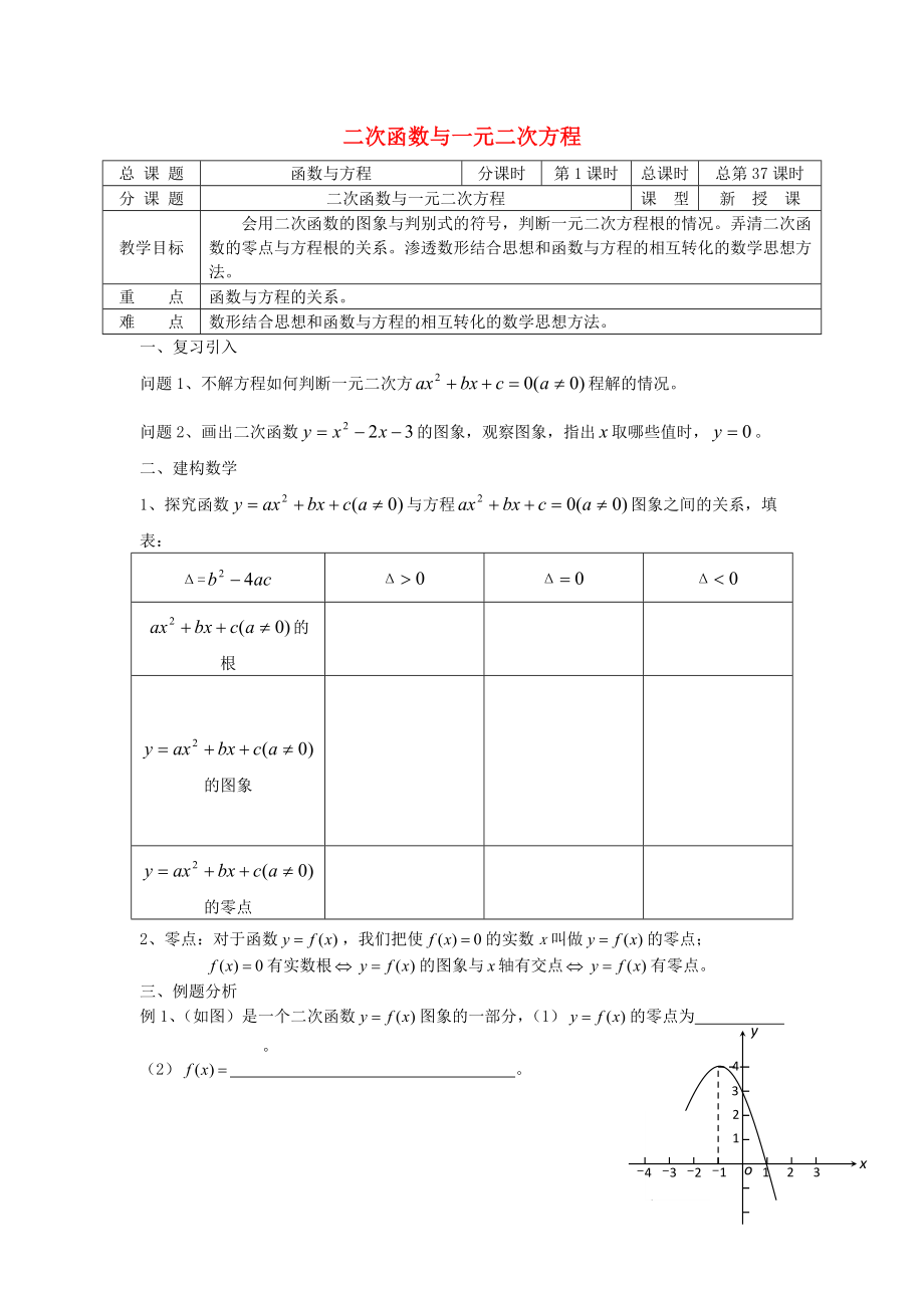 高中數(shù)學 初高中銜接教材 第37課時 二次函數(shù)與一元二次方程學案無答案蘇教版_第1頁