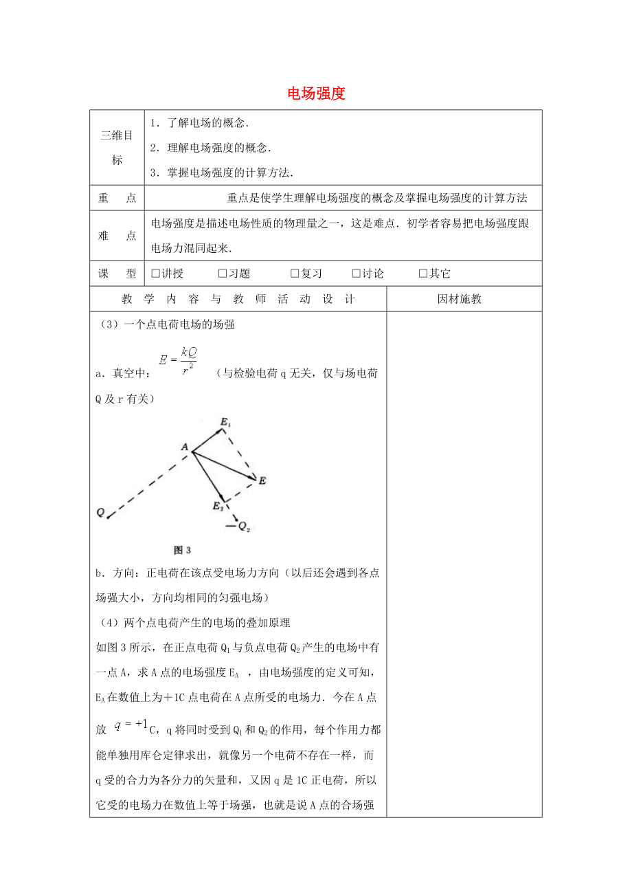 廣東省肇慶市高中物理 第一章 電場(chǎng) 1.3 電場(chǎng)強(qiáng)度教案2 粵教版選修31_第1頁(yè)