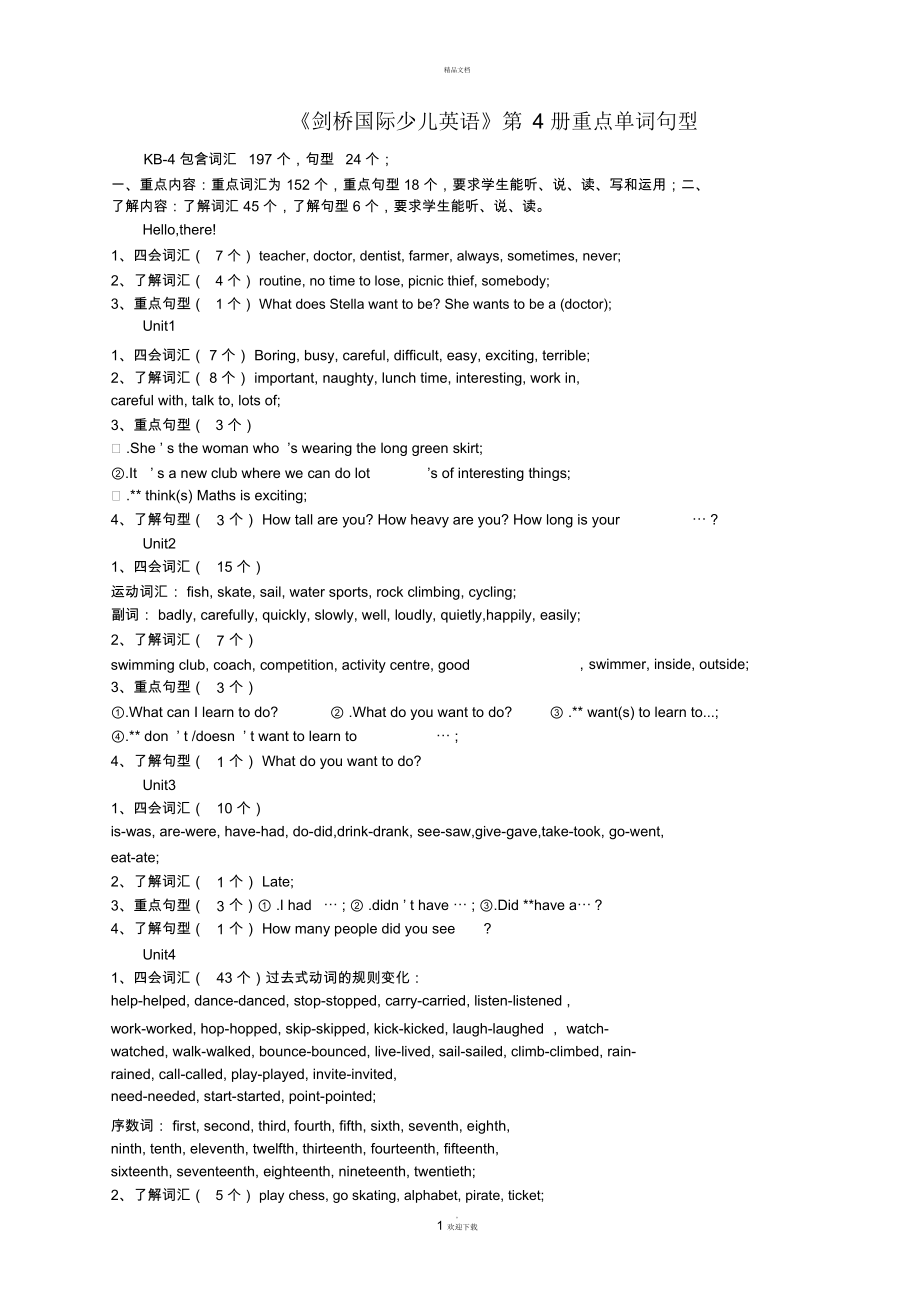 汇总《剑桥国际少儿英语》第4册单词句型_第1页