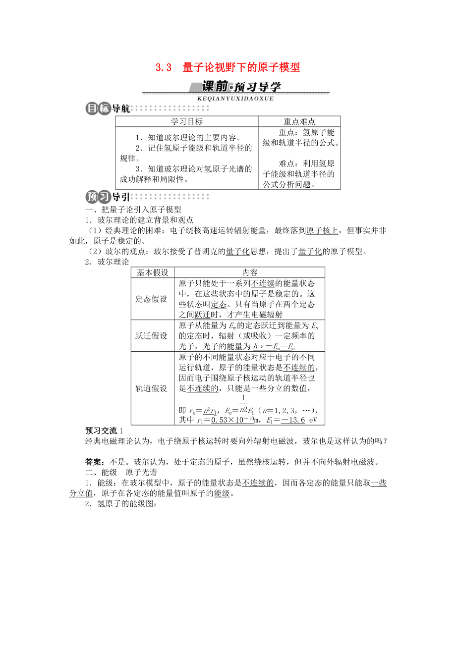 高中物理 第3章 原子世界探秘 3.3 量子論視野下的原子模型學(xué)案 滬科版選修35_第1頁