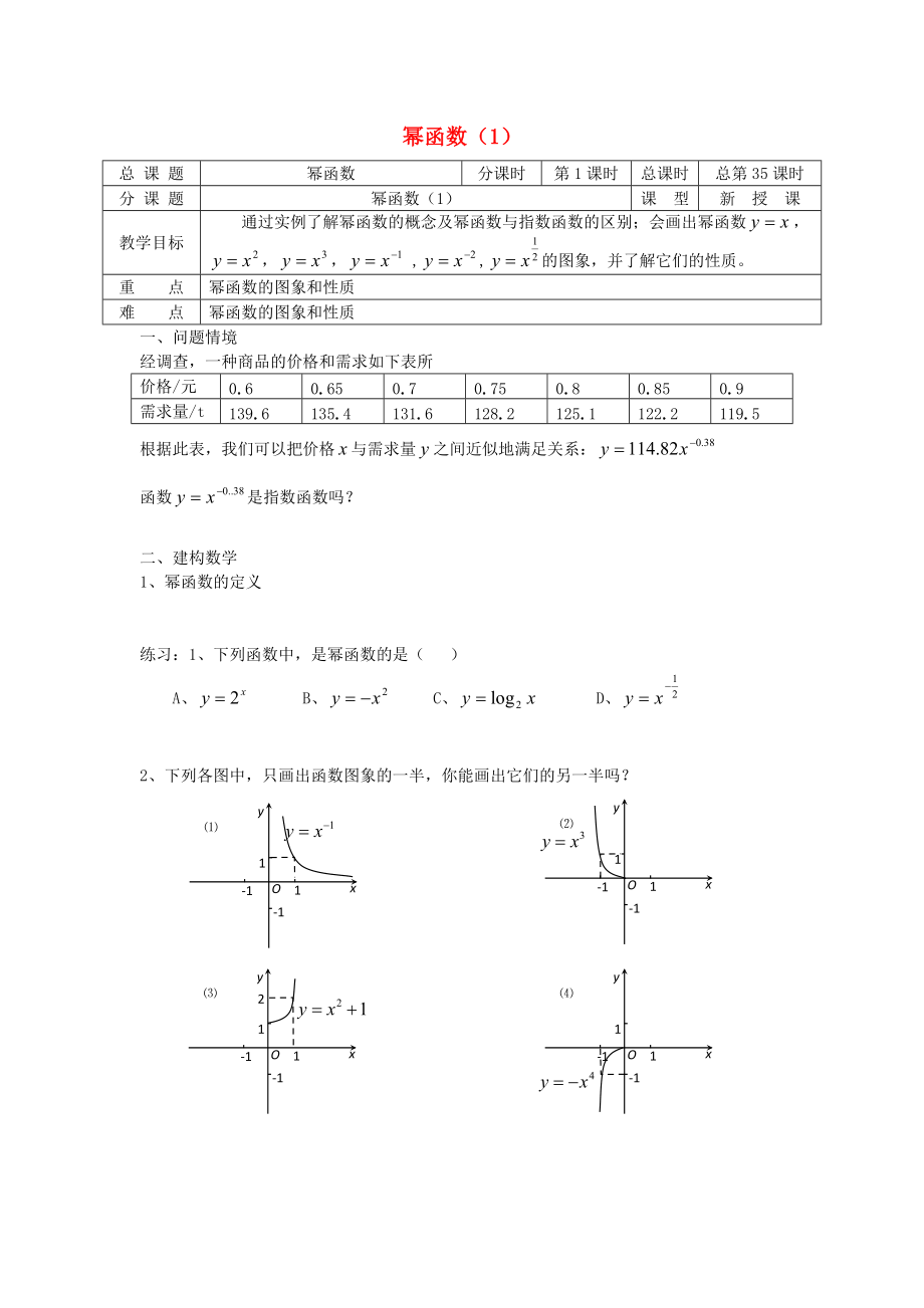 高中數(shù)學(xué) 初高中銜接教材 第35課時(shí) 冪函數(shù)1學(xué)案無答案蘇教版_第1頁