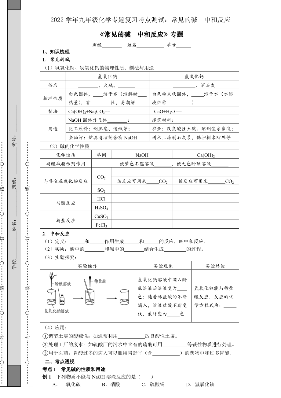 2022學(xué)年九年級(jí)化學(xué)專(zhuān)題復(fù)習(xí)考點(diǎn)測(cè)試：常見(jiàn)的堿中和反應(yīng)_第1頁(yè)