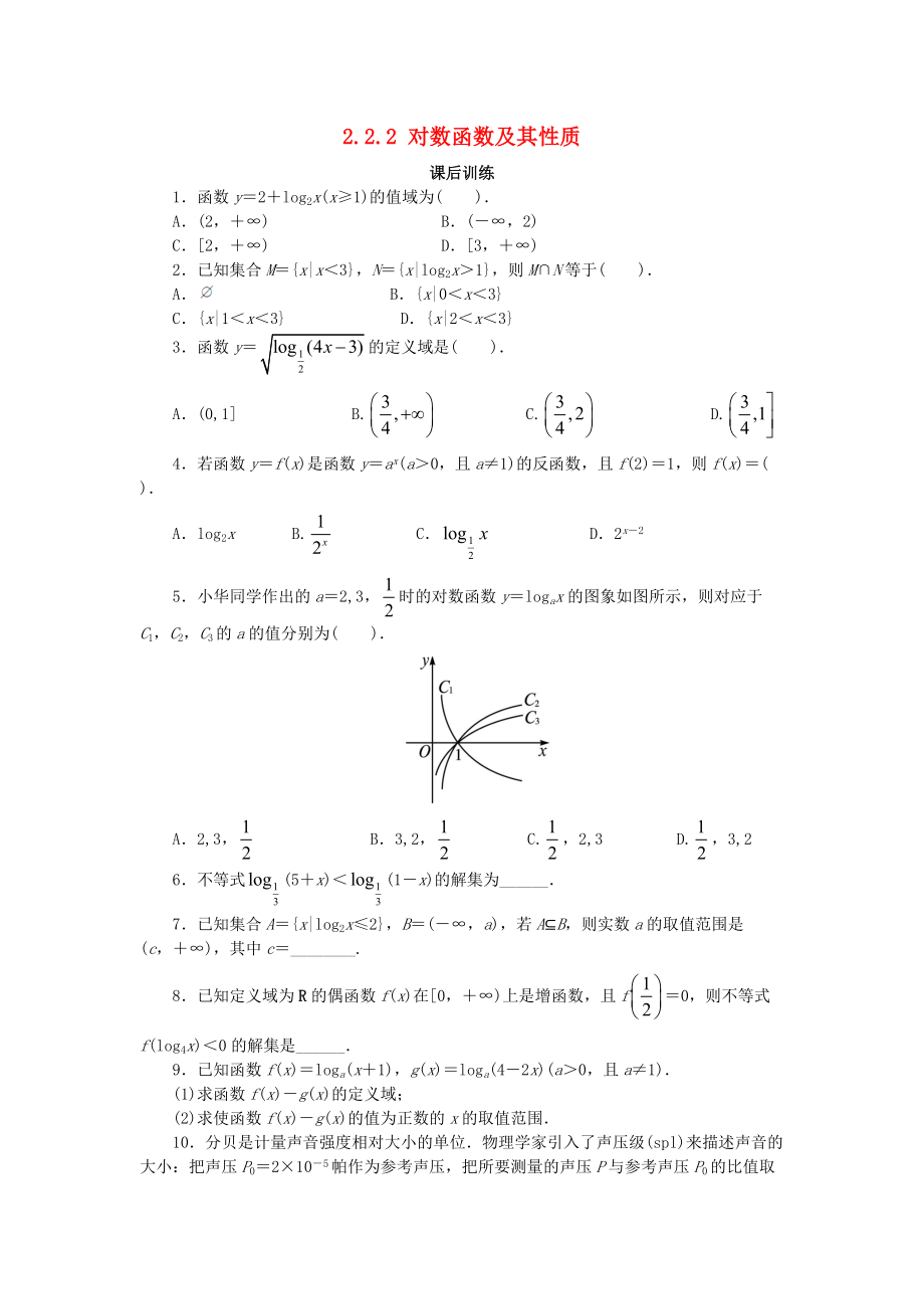 高中數(shù)學(xué) 第二章 基本初等函數(shù)Ⅰ2.2 對數(shù)函數(shù) 2.2.2 對數(shù)函數(shù)及其性質(zhì)2課后訓(xùn)練1 新人教A版必修1_第1頁