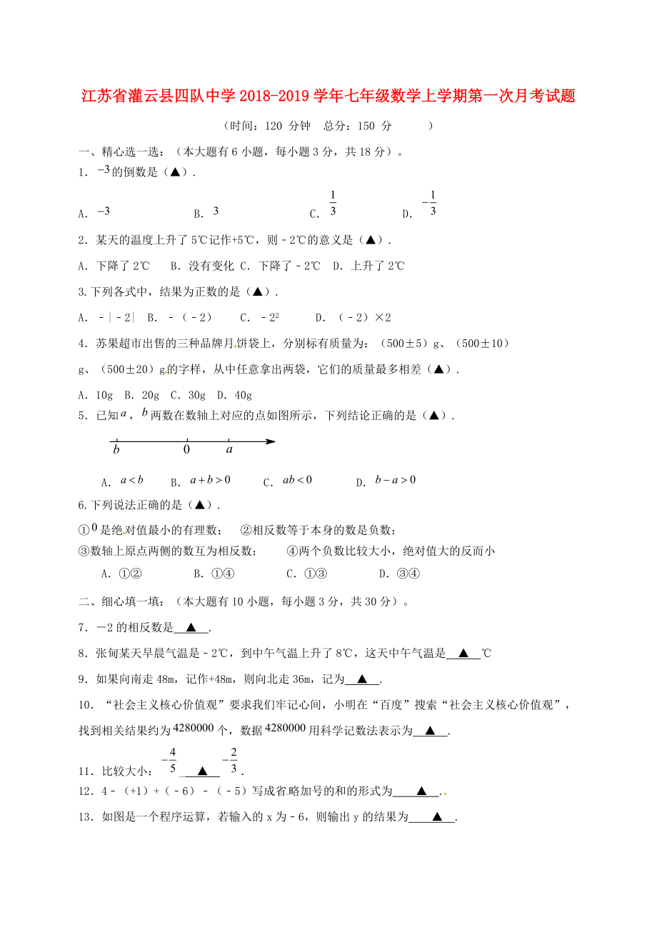 江蘇省某知名中學(xué)七年級(jí)數(shù)學(xué)上學(xué)期第一次月考試題無答案 新人教版22_第1頁