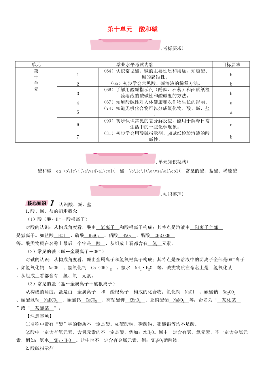 云南專版中考化學總復習 第一編 第10單元 酸和堿精講練習_第1頁