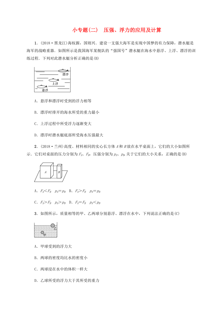 云南專版中考物理 小專題二壓強(qiáng)、浮力的應(yīng)用及計(jì)算習(xí)題_第1頁(yè)