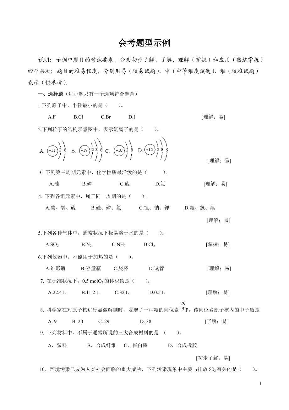 高中化學會考題庫試題及答案[共37頁]_第1頁