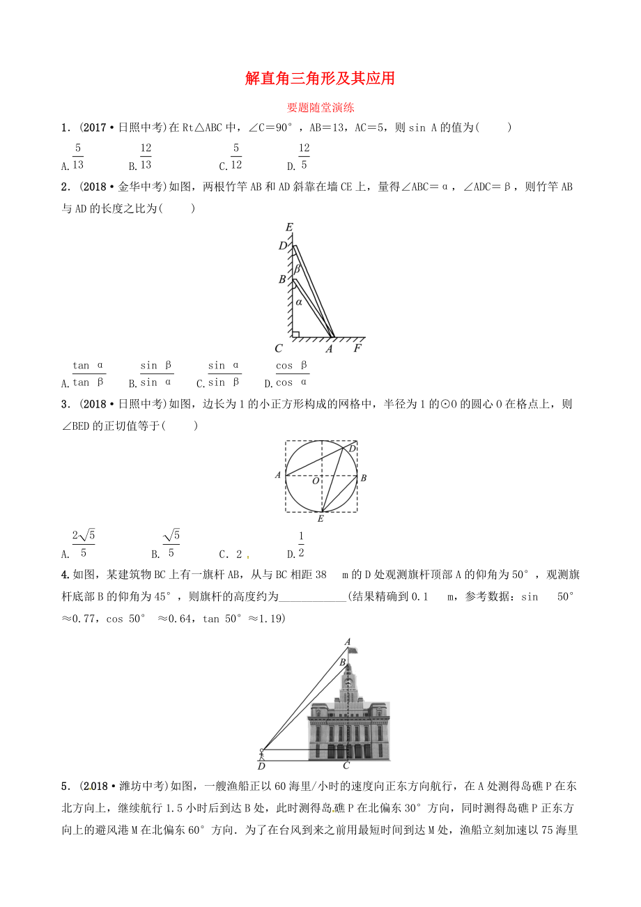 東營專版中考數(shù)學(xué)復(fù)習(xí) 第四章 幾何初步與三角形 第六節(jié) 解直角三角形及其應(yīng)用要題隨堂演練_第1頁