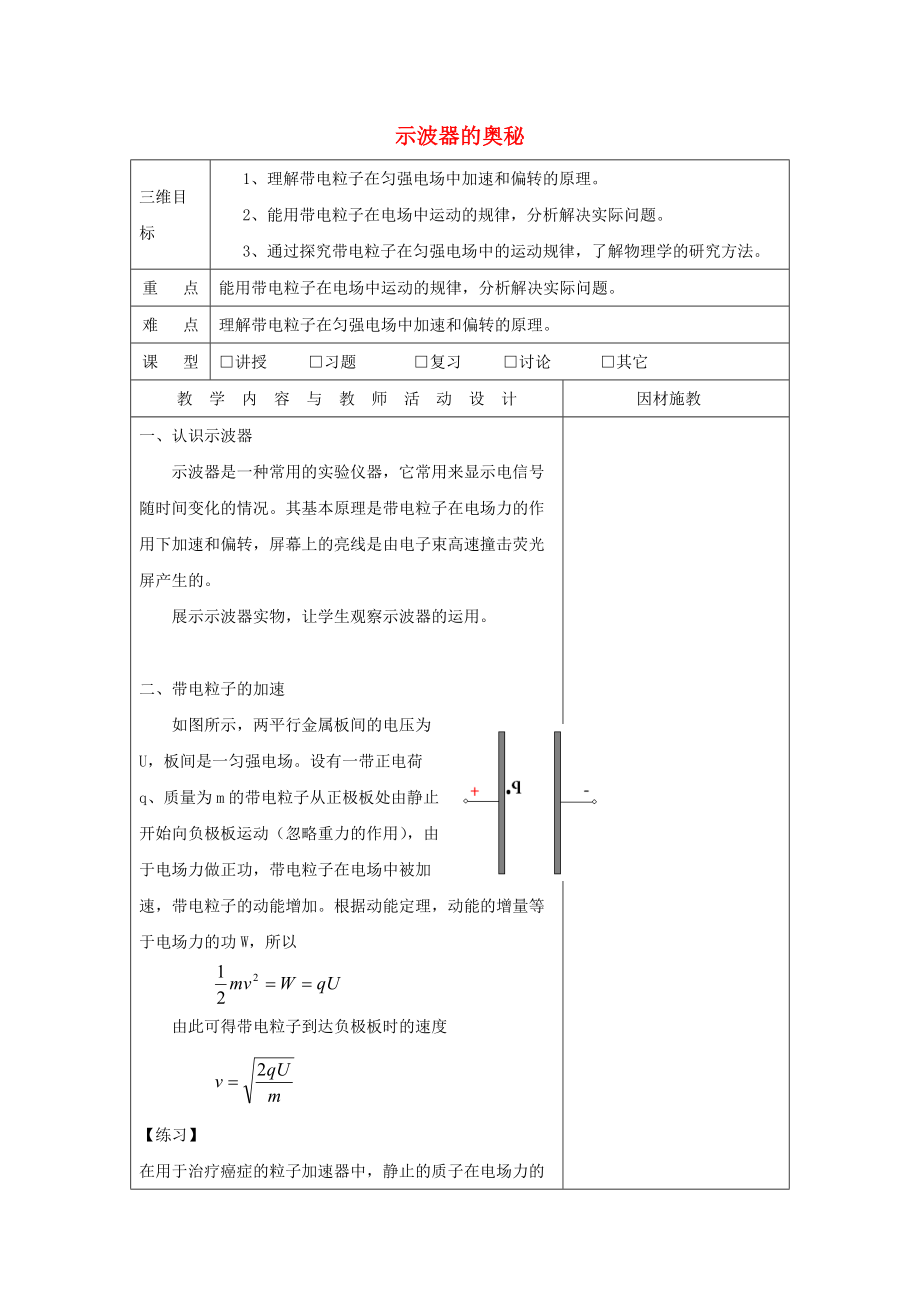 廣東省肇慶市高中物理 第一章 電場 1.6 示波器的奧秘教案 粵教版選修31_第1頁