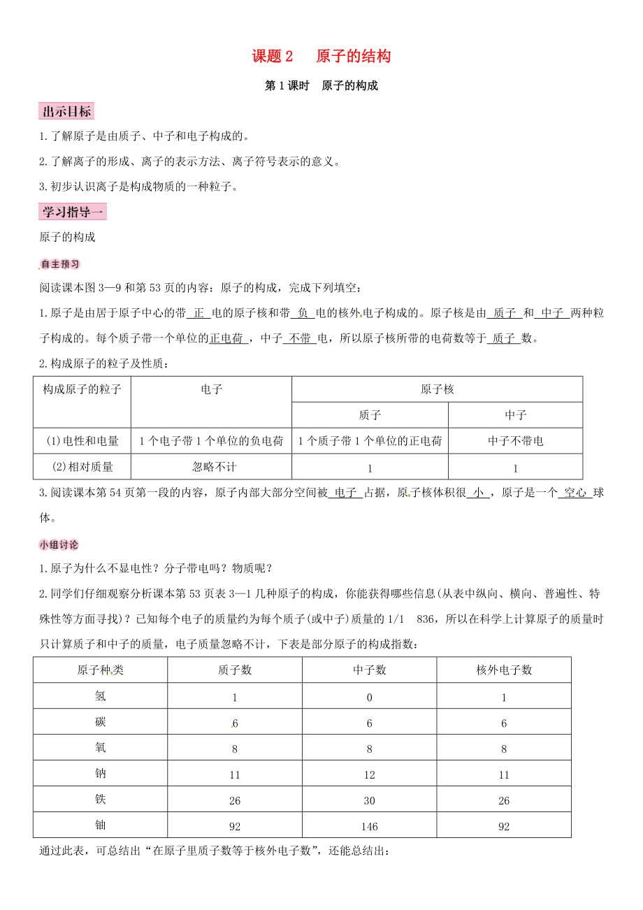 全國通用版九年級化學上冊 第三單元 物質(zhì)構(gòu)成的奧秘 課題2 原子的結(jié)構(gòu)導學案 新版新人教版_第1頁