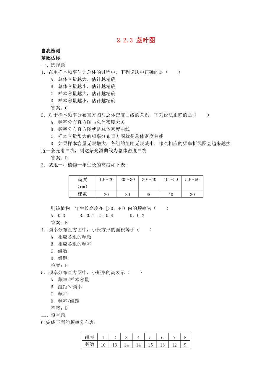 高中數(shù)學(xué) 第2章 統(tǒng)計(jì) 2.2 總體分布的估計(jì) 2.2.3 莖葉圖自我檢測(cè) 蘇教版必修3_第1頁(yè)