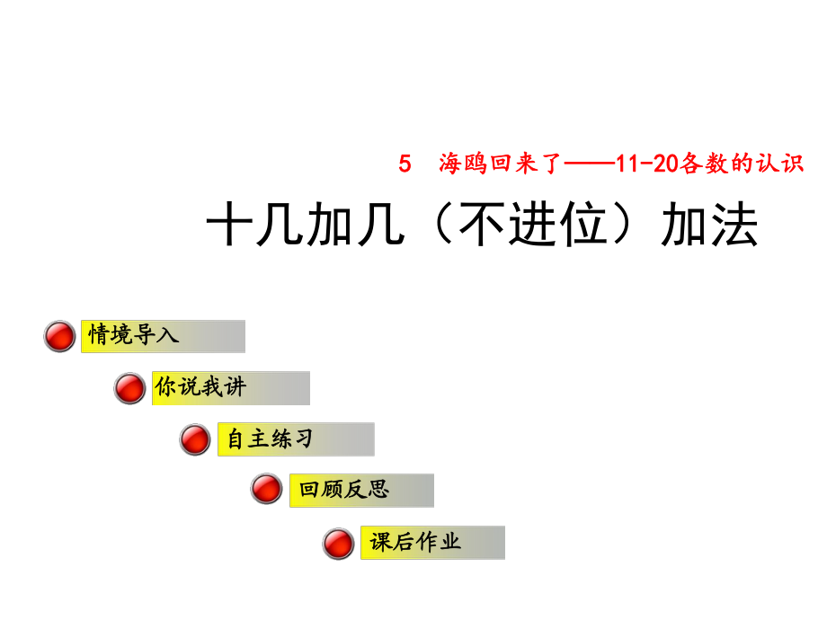 一年級上冊數(shù)學課件5海鷗回來了十幾加幾不進位加法∣青島版 (共16張PPT)教學文檔_第1頁