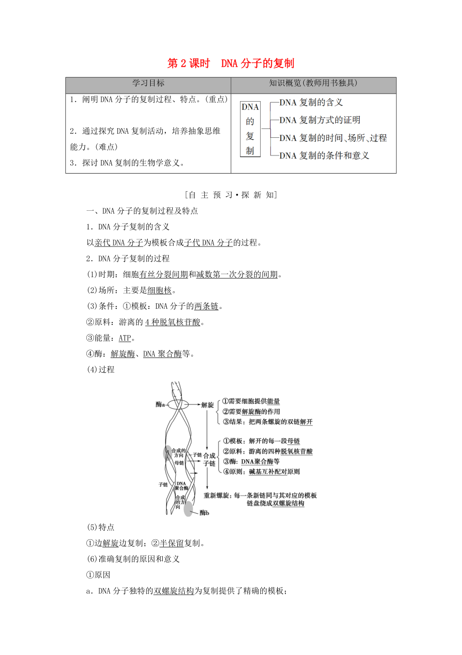 高中生物 第4章 遺傳的分子基礎(chǔ) 第2節(jié) DNA的結(jié)構(gòu)和DNA的復(fù)制 第2課時 DNA分子的復(fù)制學(xué)案 蘇教版必修2_第1頁