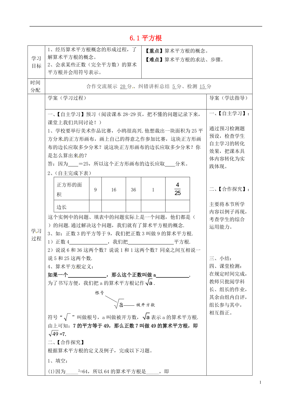 陜西省山陽縣色河鋪鎮(zhèn)七年級數(shù)學(xué)下冊6實數(shù)6.1平方根導(dǎo)學(xué)案1無答案新版新人教版0604110_第1頁