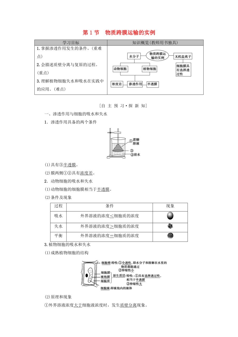 高中生物 第四章 細(xì)胞的物質(zhì)輸入和輸出 第1節(jié) 物質(zhì)跨膜運(yùn)輸?shù)膶?shí)例學(xué)案 新人教版必修1_第1頁(yè)