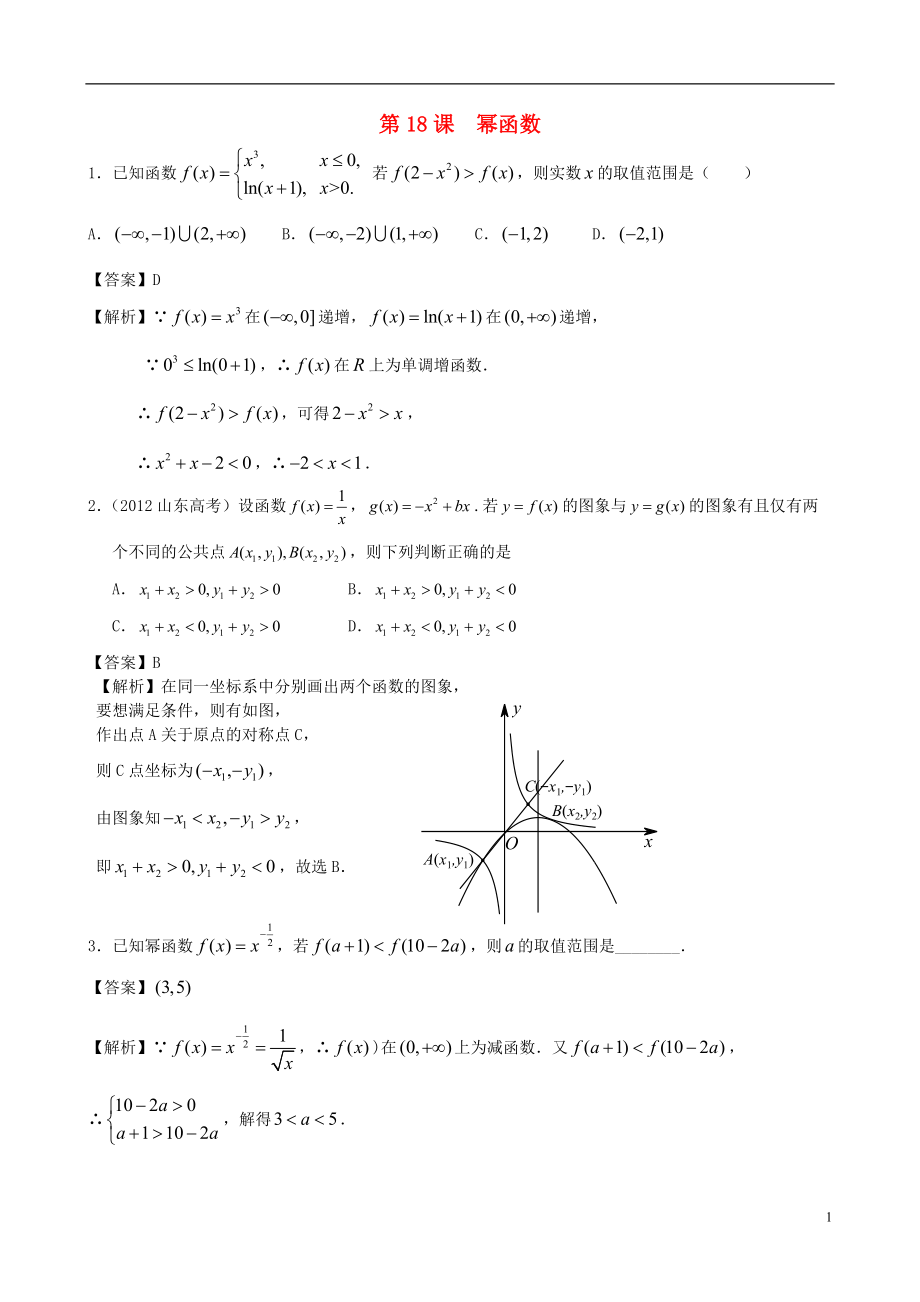 廣東專用2014高考數(shù)學(xué)第一輪復(fù)習(xí)用書 第18課 冪函數(shù) 文_第1頁(yè)