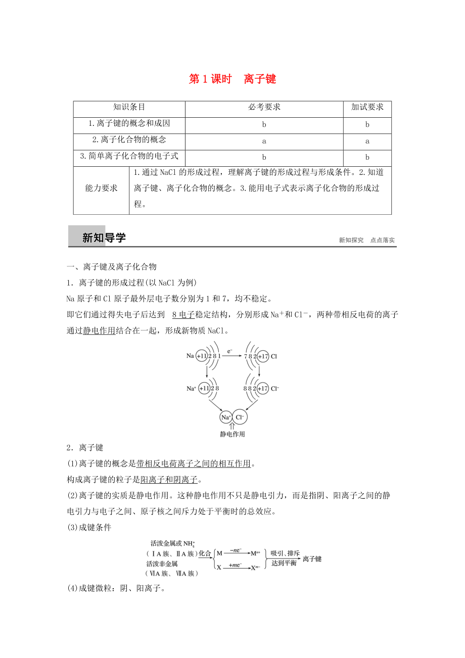 高中化學(xué) 專題1 微觀結(jié)構(gòu)與物質(zhì)的多樣 第二單元 微粒之間的相互作用力 第1課時(shí) 離子鍵導(dǎo)學(xué)案 蘇教版必修2_第1頁