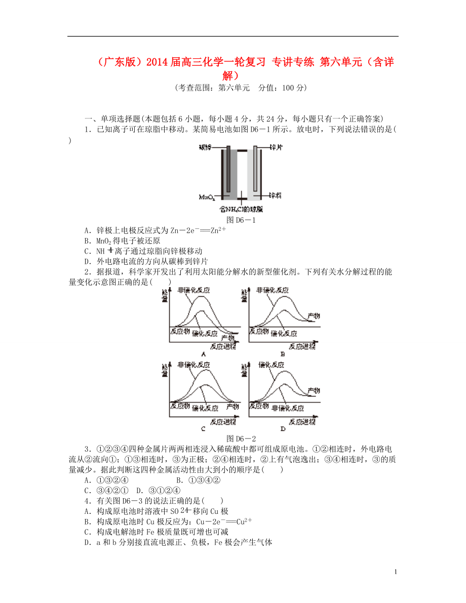 廣東版2014屆高三化學一輪復習 專講專練 第六單元含詳解_第1頁