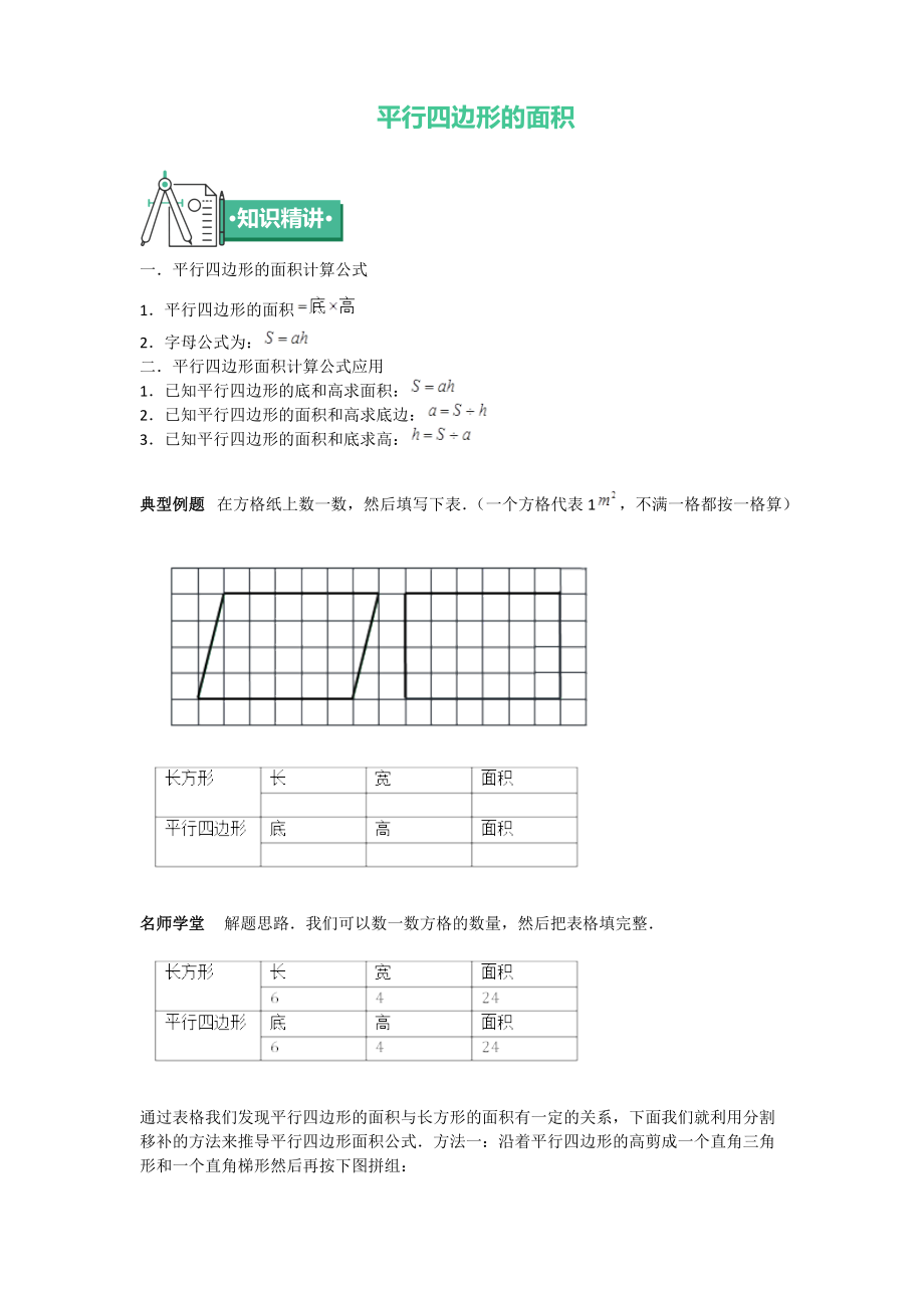 五年级上册数学 知识点与同步训练 第二章平行四边形的面积 苏教版_第1页